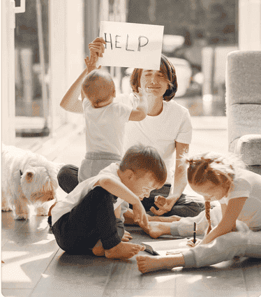 Tired-mother-kidding-while-sitting-with-children
